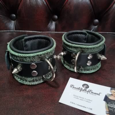 Mint Crackle Leather Bondage Cuffs